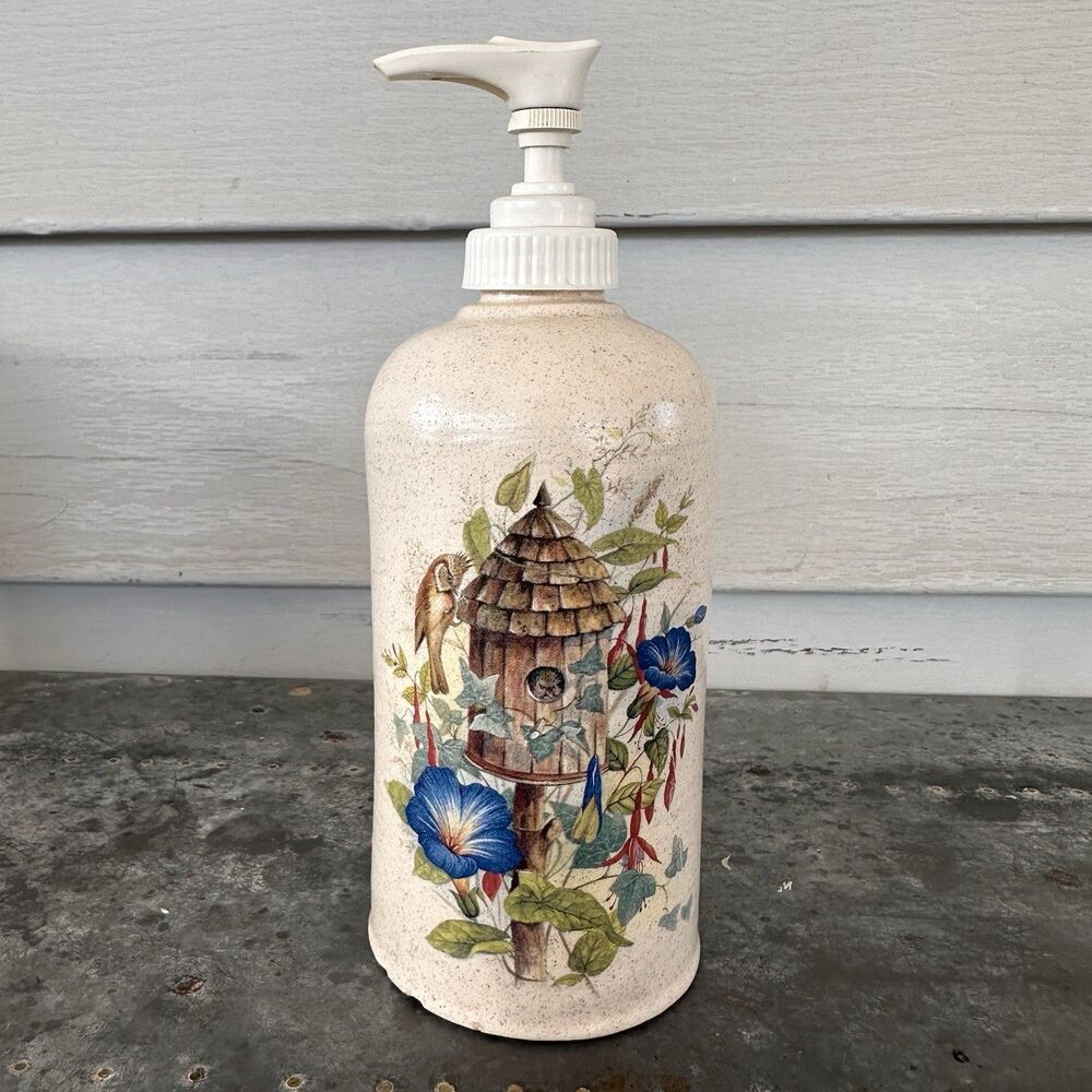 Vintage Home Garden Party Stoneware Soap Lotion Dispenser Birdhouse Flowers